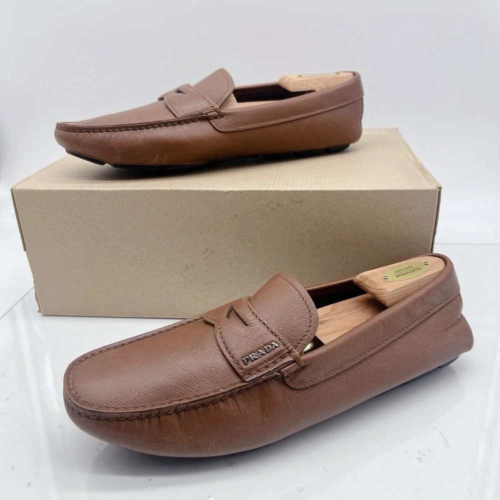 PRADA Saffiano Men's Driver Loafer Logo Ostrich BrownLeather 2DD151 EU 41 US 8